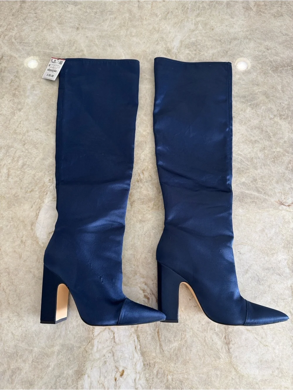 Zara Satin Navy Over-the-Knee Pointed Toe Block Heel Boots
